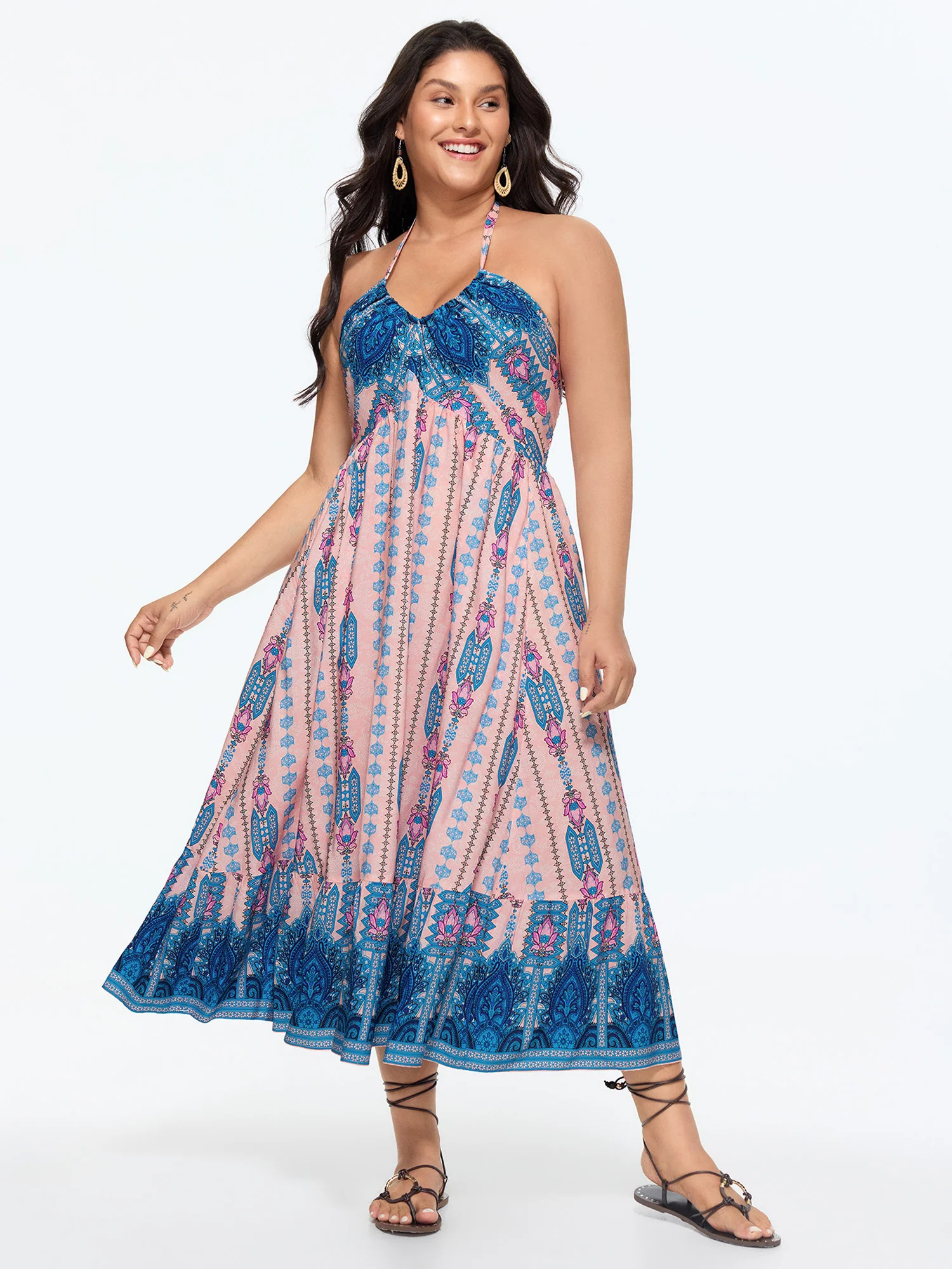 Geometric Print Halter Neckline Shirred Midi Dress | Bloomchic