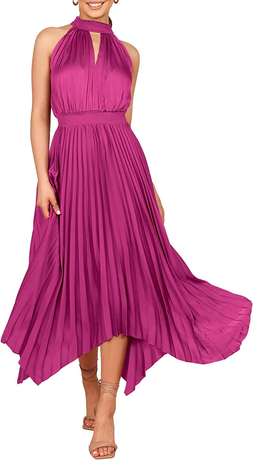 ANRABESS Women's Sleeveless Cutout Halter Neck Satin Formal Dress Smocked Pleated Asymmetric Part... | Amazon (US)