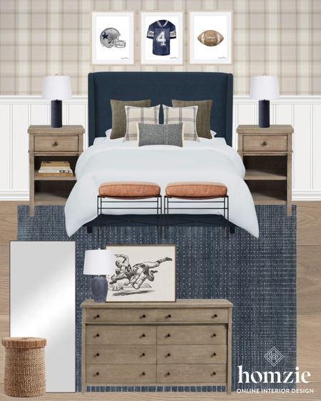 Modern classic boys bedroom design with a subtle sports theme! We love the plaid wallpaper, neutral layered bedding, and vintage art! 

#LTKhome #LTKfamily #LTKkids