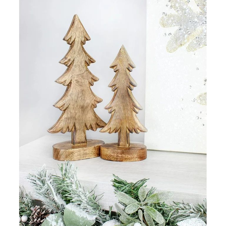 Wooden Christmas Trees (Set of 2, Natural); Tabletop Handmade Wood Trees | Walmart (US)