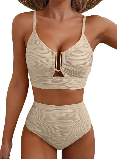 Women High Waisted U Wired Texured 2 Piece Bikini Sets | Two Piece Adjustable Straps Bathing Suit... | Amazon (US)