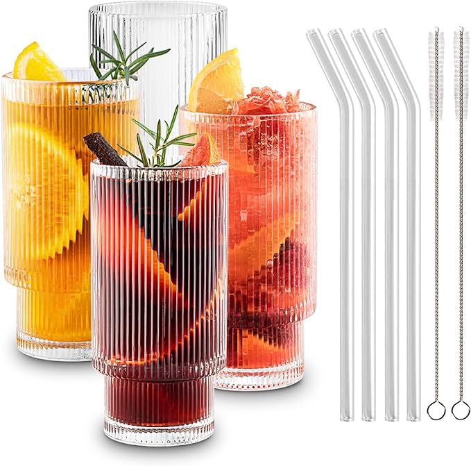 Gracenal Ribbed Glass Cups with Straws 12oz, Drinking Glasses Set of 4, Cocktail Glasses, Vintage... | Amazon (US)