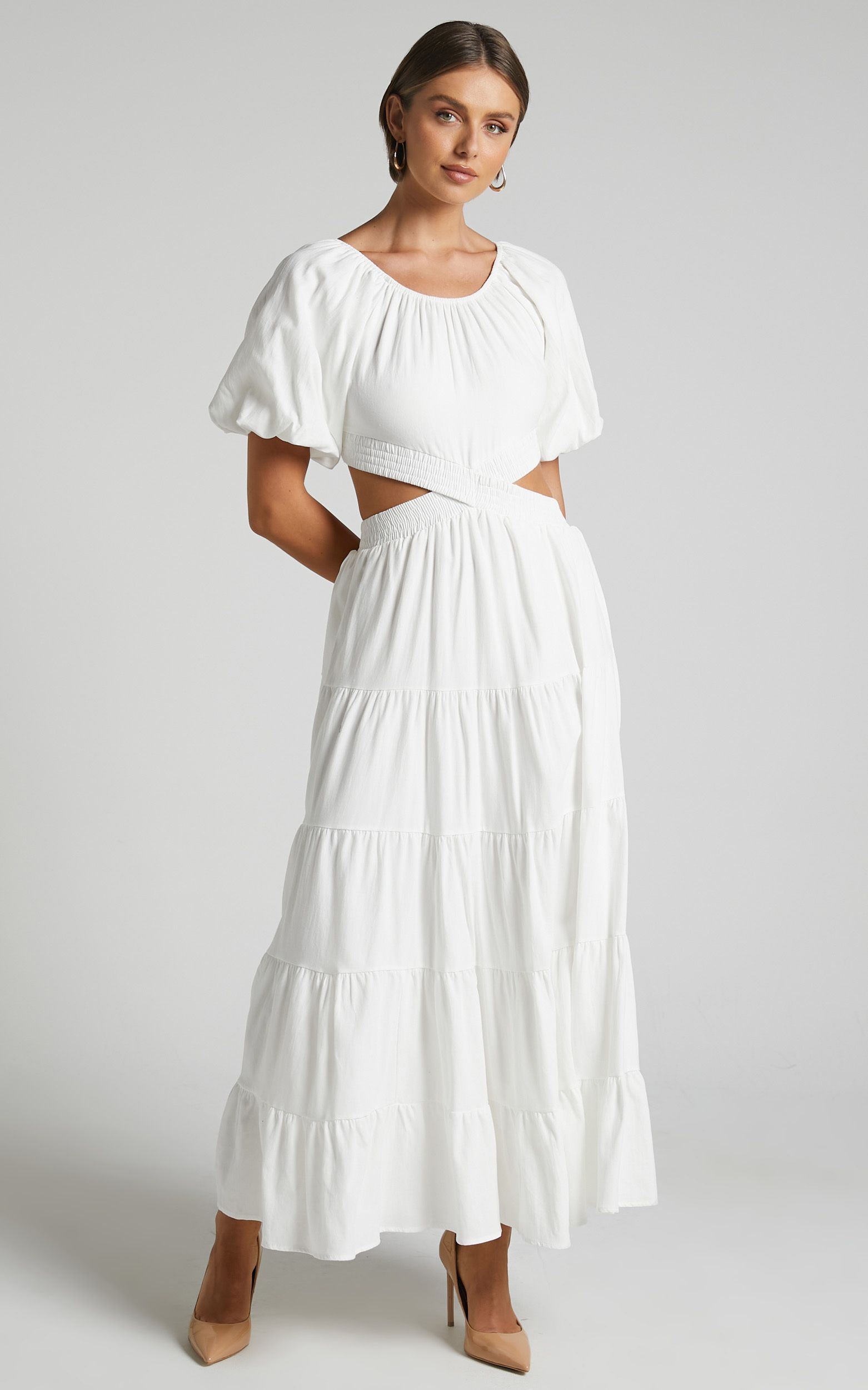 Leandra Maxi Dress - Scoop Neck Cut Out Tiered Dress in White | Showpo (US, UK & Europe)