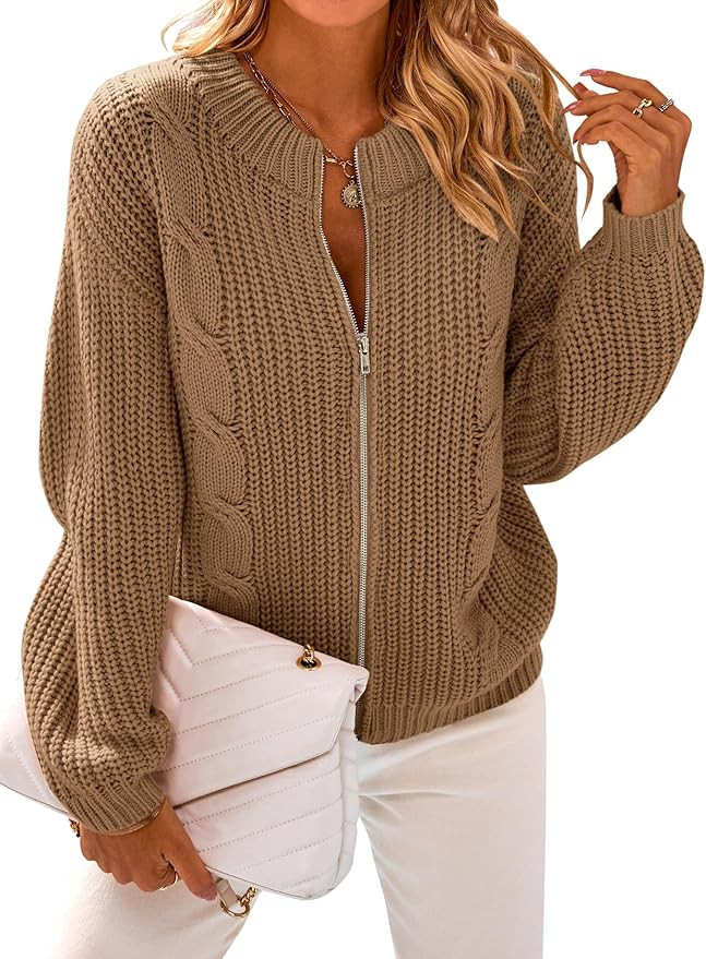 PRETTYGARDEN Women's Chunky Knit Open Front Sweater Long Sleeve Zipper Loose Short Cardigan Outer... | Amazon (US)