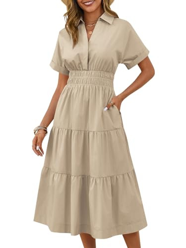 Wenrine Womens Summer Short Sleeve Maxi Dresses Casual V Neck Smocked Loose Tiered Flowy Shirt Dress with Pockets Khaki | Amazon (US)