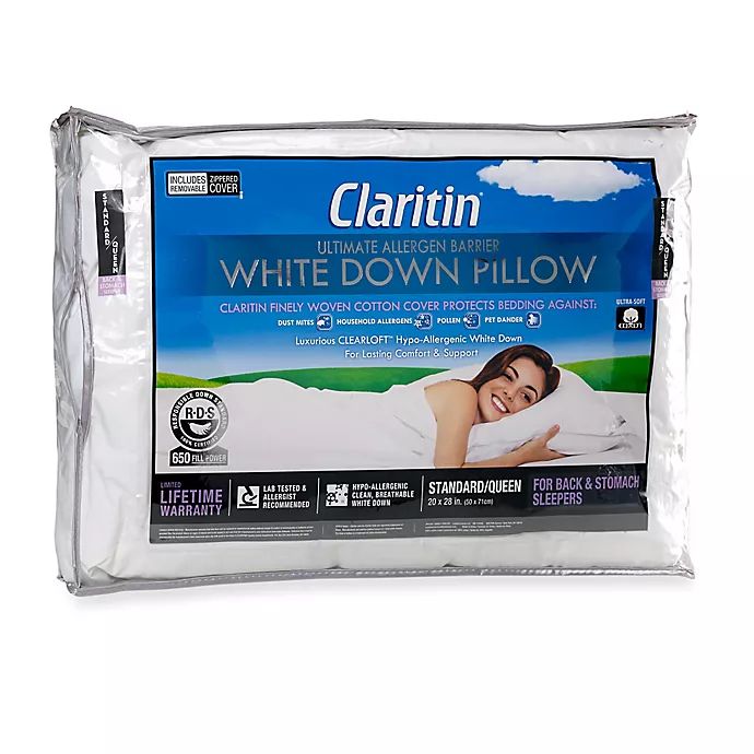 Claritin® Ultimate Allergen Barrier White Down ClearLoft™ Cotton Back/Stomach Pillow in White | Bed Bath & Beyond