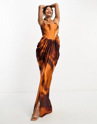 ASOS DESIGN corset boned satin cut out maxi dress with draped skirt in blurred print | ASOS (Global)