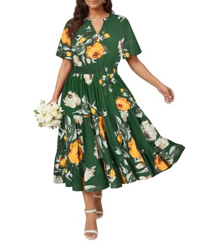 RITERA Plus Size Summer Midi Dress for Women Casual V Neck Puff Short Sleeve Smocked Ruffle Flowy Beach Boho Floral Drawstring Tassel Waist Hawii Dresses with Pocket XL 14W 16W | Amazon (US)