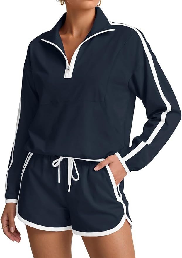 Fisoew Womens 2 Piece Outfits Sets Zip V Neck Long Sleeve Pullover Tops Shorts Casual Tennis Runn... | Amazon (US)