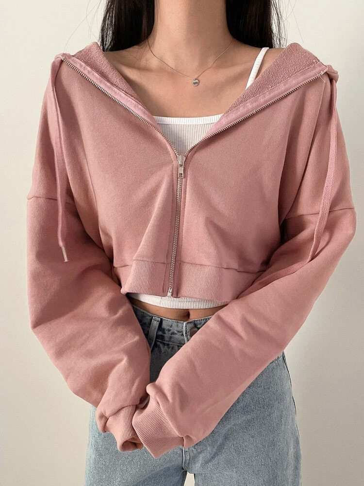 DAZY Drop Shoulder Zip Up Hoodie | SHEIN