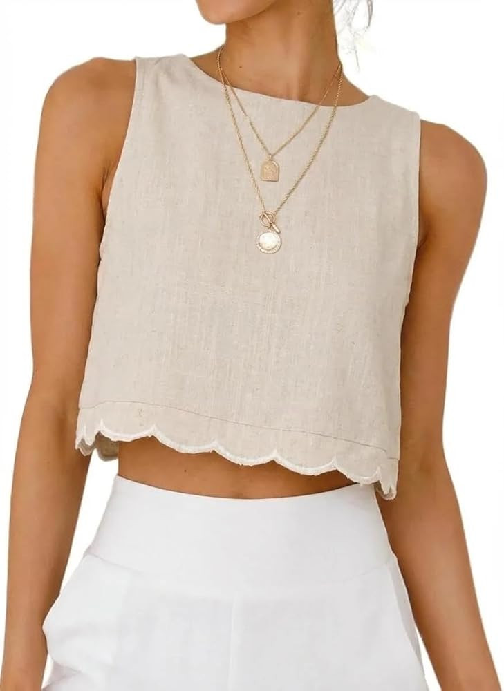 IDEALSANXUN Womens High Neck Linen Tank Tops Spring Summer Scallop Hem Cropped Sleeveless Shirts ... | Amazon (US)