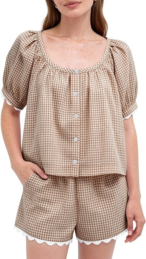 Kissonic Women's Gingham Pajama Set 2 Piece Cotton Pjs Puff Sleeve Scoop Neck Scalloped Trim Shor... | Amazon (US)