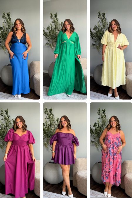 Most dresses run large so I’m wearing a large in the blue, pink floral. Wearing an XL in the yellow. Wearing a 14 in the green and fuschia. 

#LTKPlusSize #LTKMidsize #LTKWedding