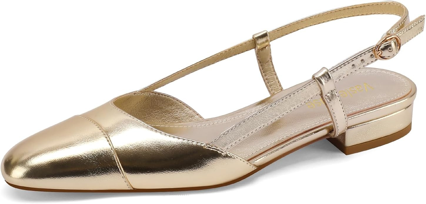 Vaslemuse Women Slingback Flats Double Strap Block Low Heel Sandals Two Toned Classic Dress Shoes... | Amazon (US)