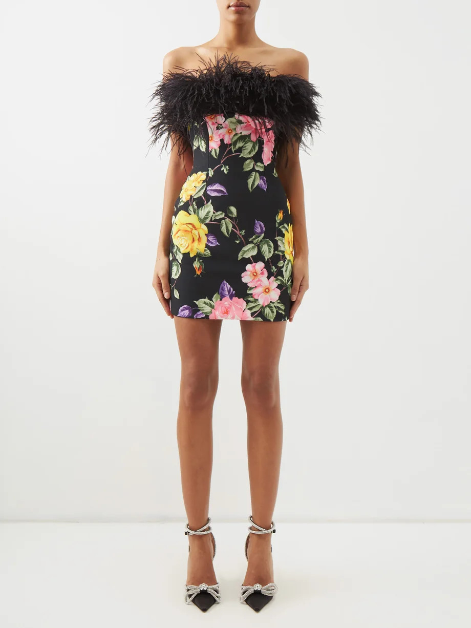 Feather-trim rose-print strapless crepe mini dress | Matches (US)