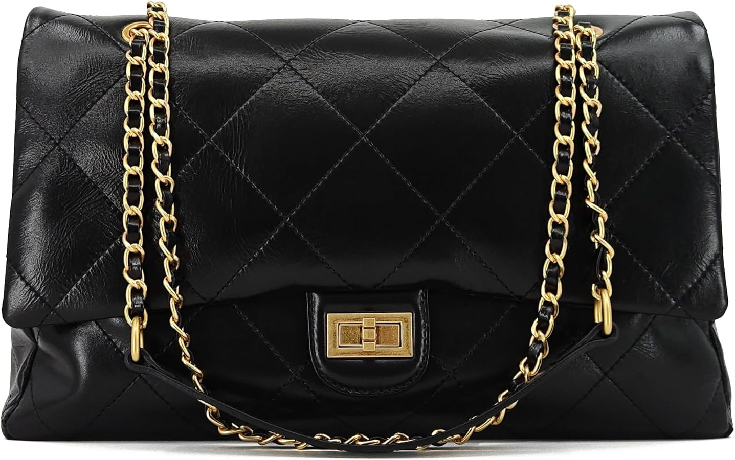 Large Quilted Leather Shoulder Bag for Women, Oversize Double Gold Chain Strap Tote Bag, Classic ... | Amazon (US)