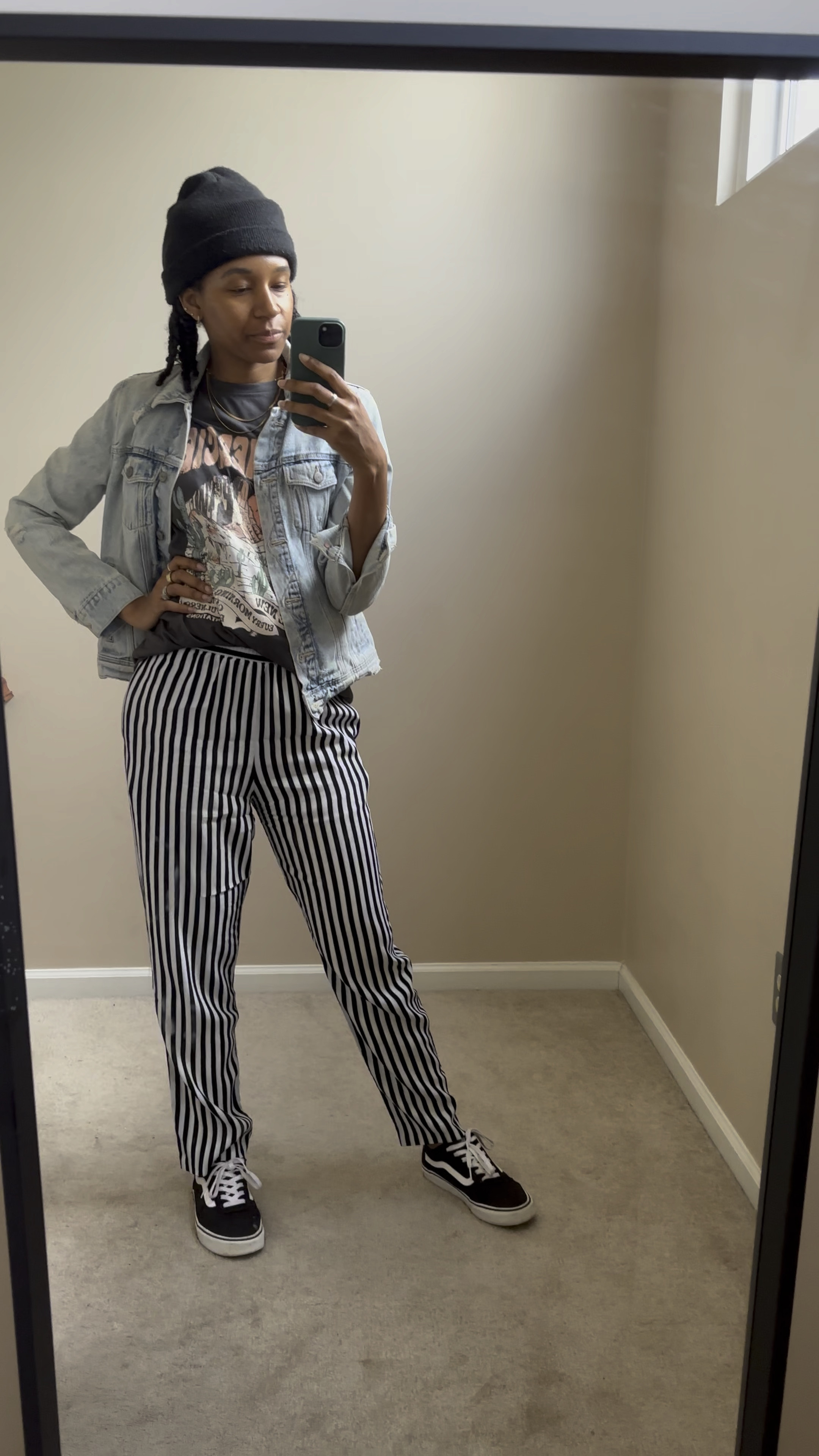 Really casual outfit out the day. For the work from home ladies who still like to be comfortable or the cool moms chasing after kids! 

Striped pants, denim jacket, cool mom#LTKstyletip #LTKfindsunder50

#LTKU