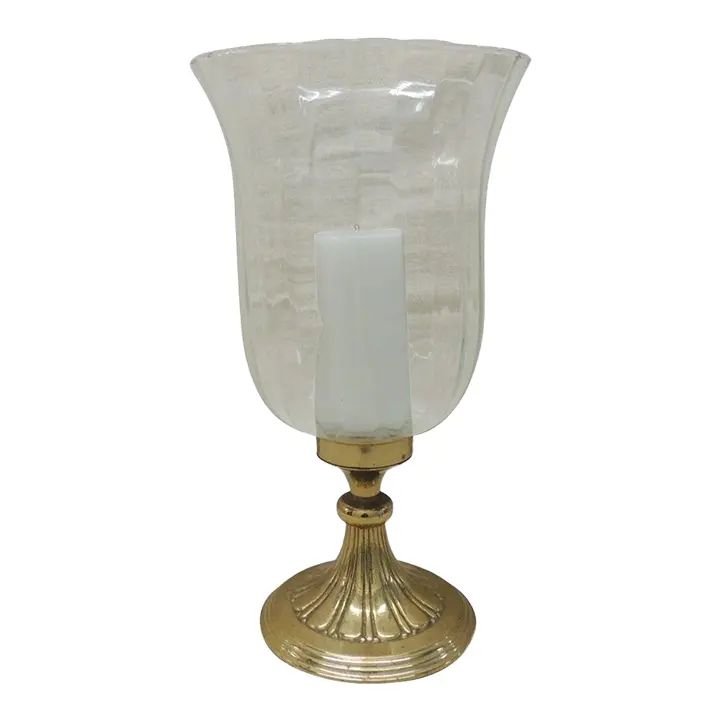 Contemporary Large Brass Hurricane Lantern with Tulip Shape Clear Glass | Chairish
