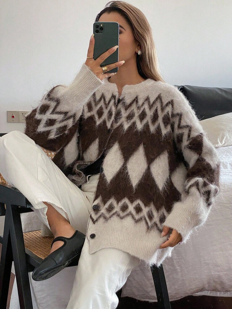 Livesso Women's Loose Business Casual Geometric Pattern Colorblock Thick Knit Cardigan, Suitable For Autumn & Winter Office Wear,New Year,Christmas | SHEIN