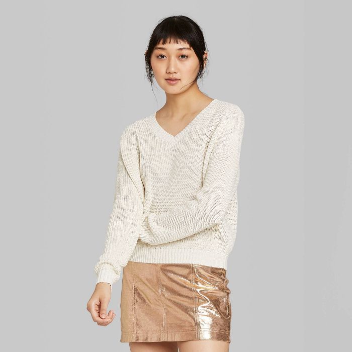 Women's Long Sleeve V-Neck Cropped  Sweater - Wild Fable™ Almond Cream | Target
