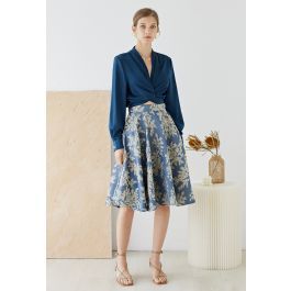 Botanical Jacquard Embroidered Embossed Midi Skirt in Blue | Chicwish
