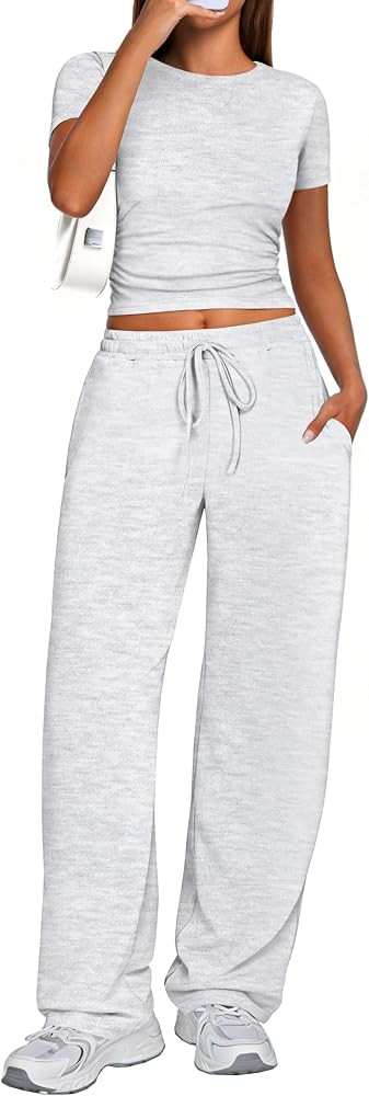 Kivdol 2 Piece Matching Summer Sweatsuit Lounge Set Womens Wide Leg Pants Side Ruching Crop Top S... | Amazon (US)