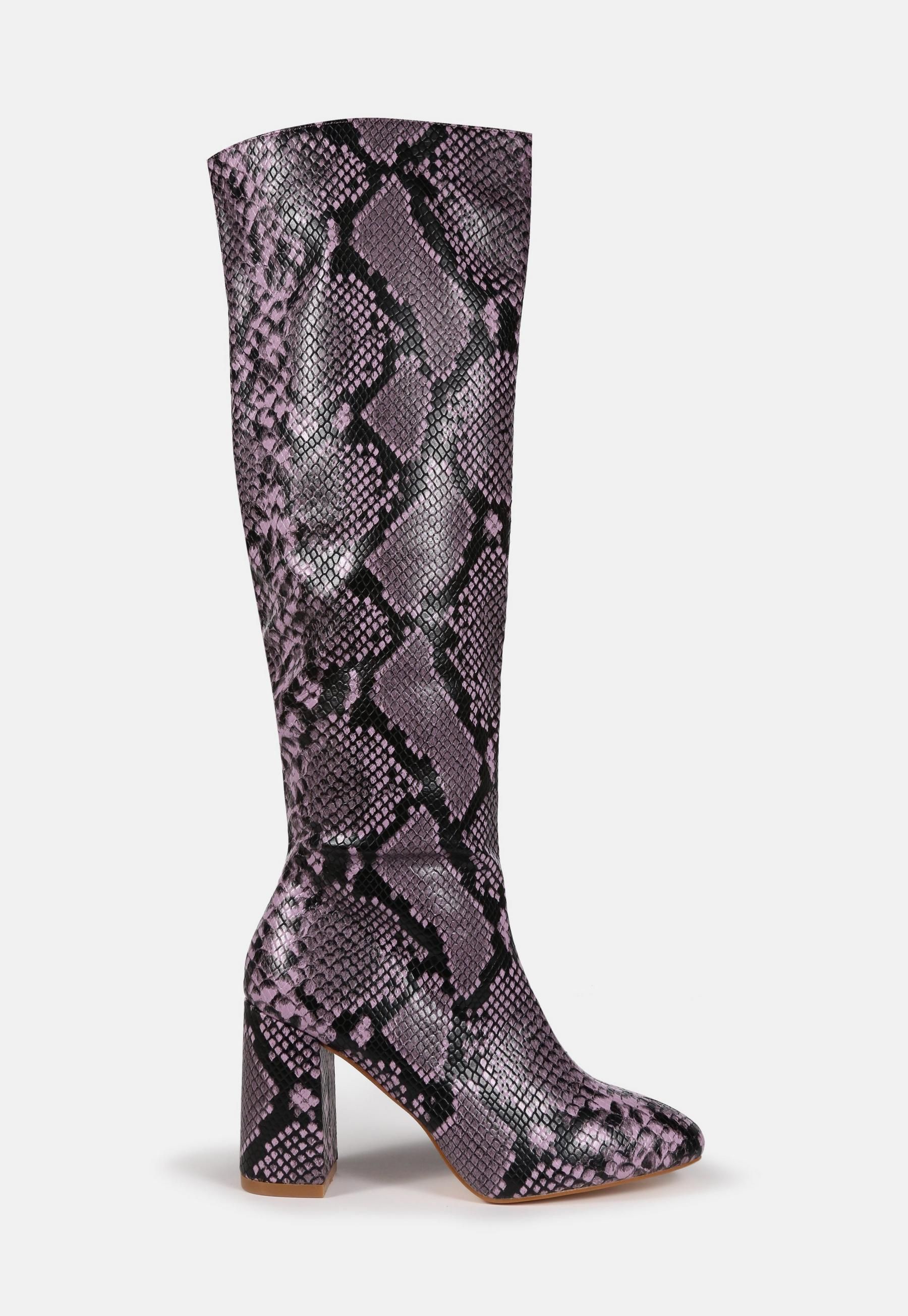Missguided - Pink Snake Knee High Mid Heel Boots | Missguided (US & CA)