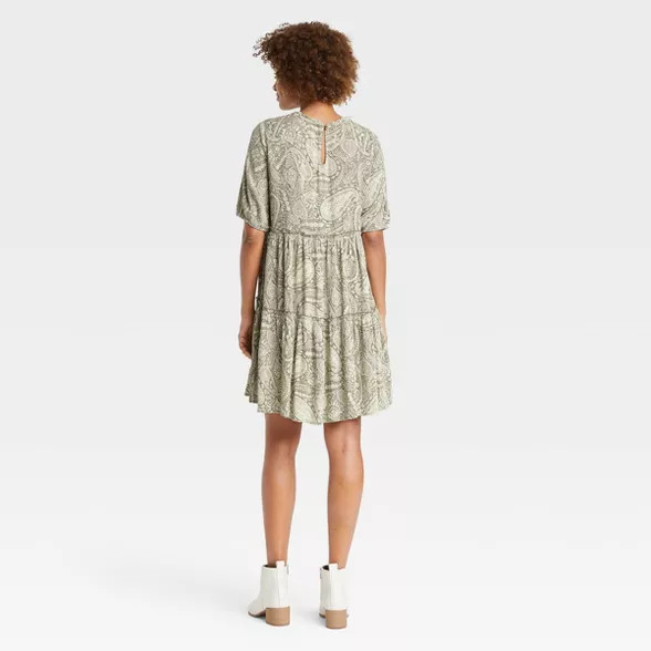 Women's Elbow Sleeve Tiered Dress - Knox Rose™ Olive Green Paisley Print | Target