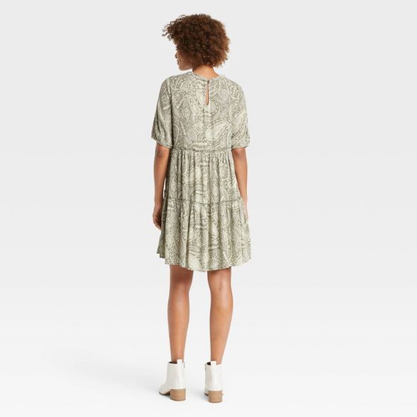 Women's Elbow Sleeve Tiered Dress - Knox Rose™ Olive Green Paisley Print | Target