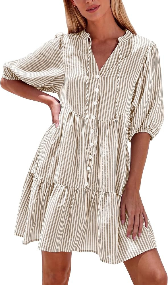 BTFBM Womens Summer Dresses 2026 Striped Mini Dress Half Sleeve Button Down Casual Flowy Beach Va... | Amazon (US)