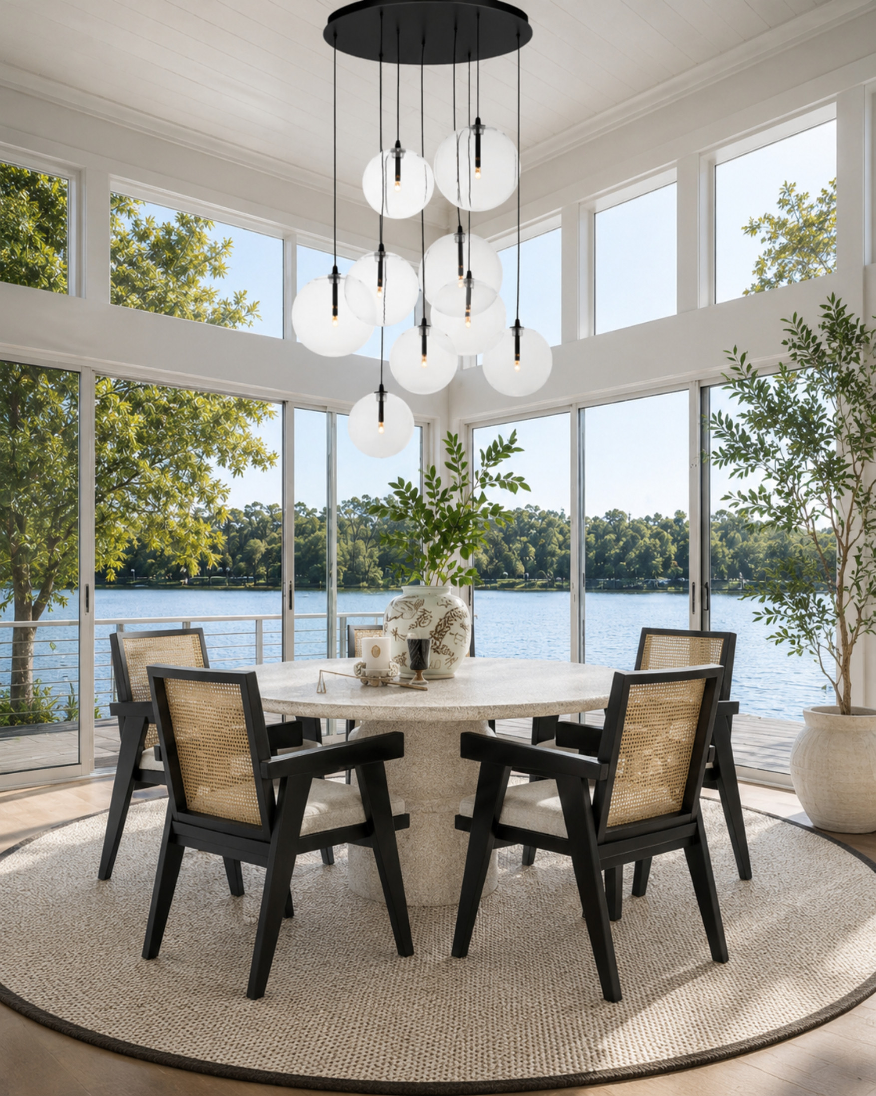 Lake house dining, but make it relaxed and refined. I love the mix of black cane chairs, a textured round table, sculptural globe chandelier, oversized round rug, and simple greenery for a space that feels polished without being too precious.

Perfect for a sunroom, breakfast nook, lake house, or any dining space with a view.

I may receive a commission if you shop through my links. 

 #LTKHome