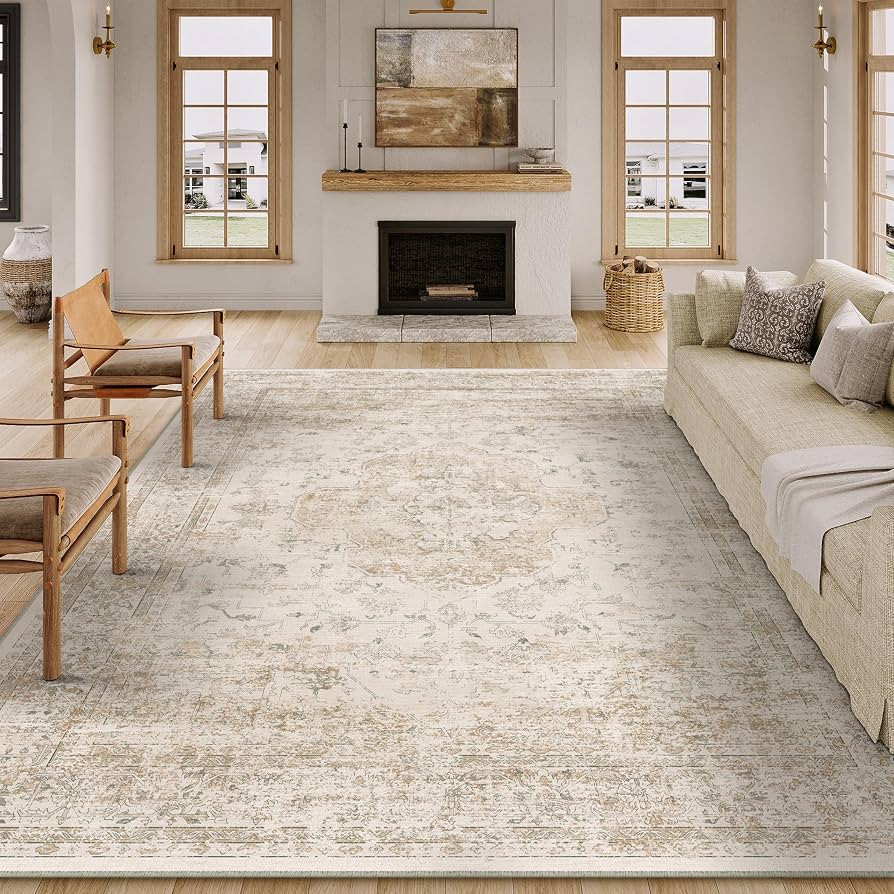 8x10 Washable Area Rug Beige Vintage Distressed Large Rug for Living Room Oriental Soft Thin Indo... | Amazon (US)