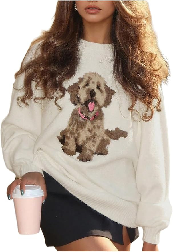 GORGLITTER Women's Dog Print Sweater Crew Neck Long Sleeve Knit Pullover Jumper Fall Winter Outfi... | Amazon (US)
