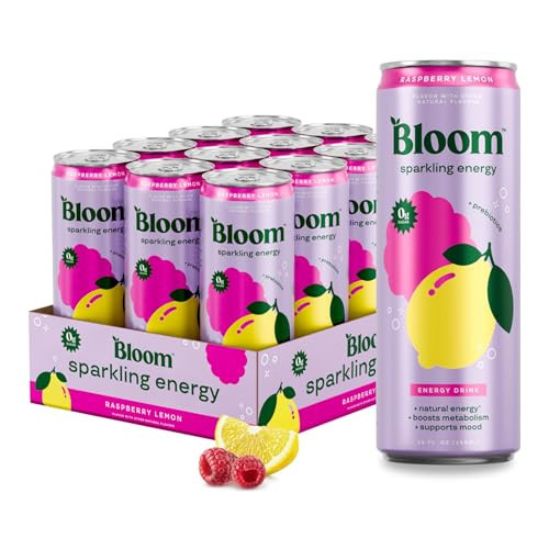 Bloom Nutrition Sparkling Energy Drink for Focus, Natural Caffeine, Zero Sugar, 180mg Caffeine, Antioxidant-Rich with Green Coffee Bean, Green Tea Extract, & Prebiotics, Raspberry Lemon 12oz 12 Pack | Amazon (US)