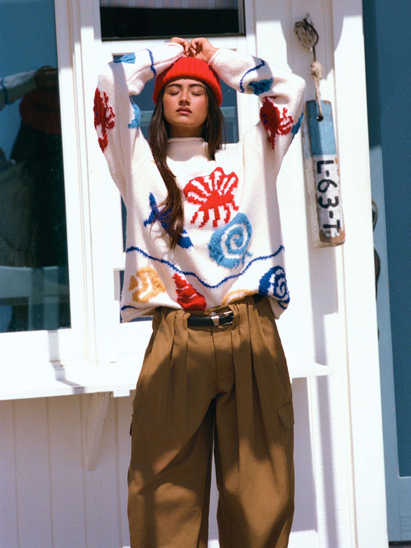 Knit Fabric Knit High Neck Seafood Pattern Oversized Top For Daily Casual | Cider