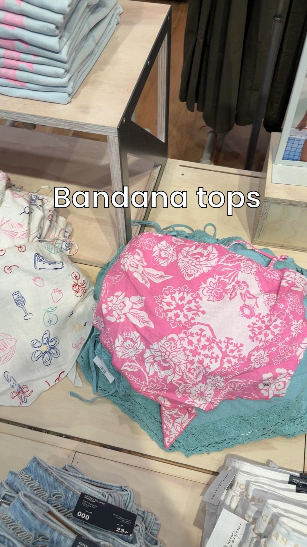 Loving all the 2000’s clothes at American Eagle! 🌺🌴☀️ Bandana tops, puka shell, seashell, hibiscus tee, baggy jeans, wide leg jeans, American Eagle jeans