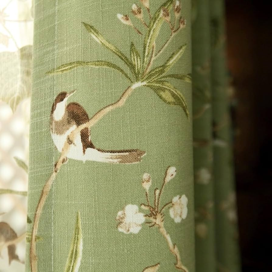 Vintage Bird Curtain Green Floral Print Grommet Linen Blend W55 X L96 Inch | Amazon (US)