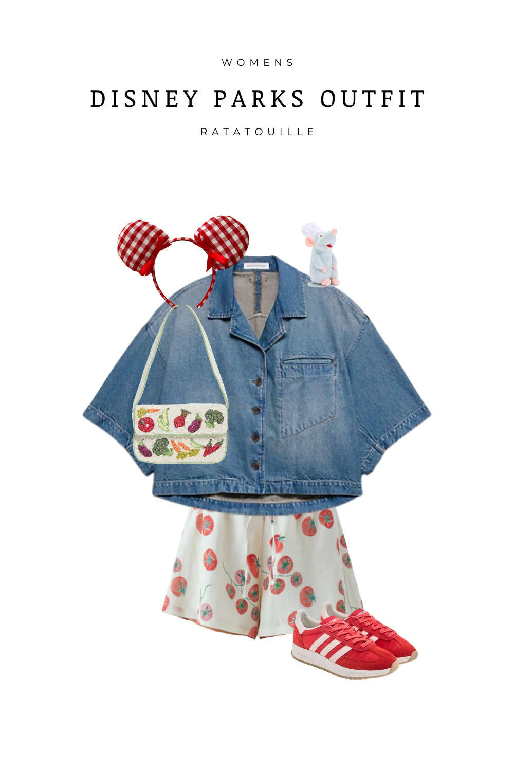  

Ratatouille inspired Disney parks outfit featuring a denim jacket, tomato print shorts, red Adidas sneakers, gingham Minnie ears, and a veggie print bag. A cute Disneybound idea for EPCOT or Disneyland, perfect for Pixar fans visiting the France pavilion or riding Remy’s Ratatouille Adventure. Great summer Disney outfit inspiration for comfortable park style.

 

#LTKgrwm #LTKootd #LTKTravel