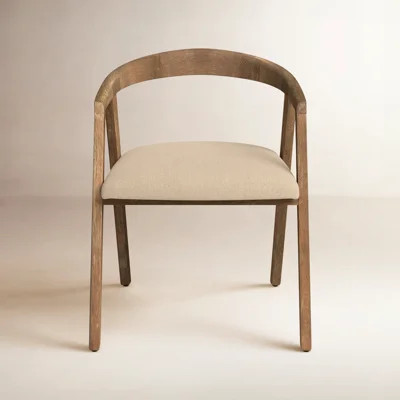 Fitzpatrick Oak Curved Back Dining Arm Chair with Upholstered Linen Seat | Wayfair North America