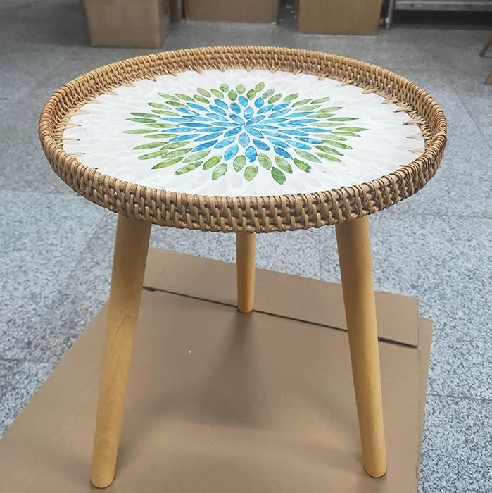 Mother of Pearls Inlay Coffee/Accent Table, Rattan Round Side Table, Handmade Rattan Tray with 3 ... | Amazon (US)