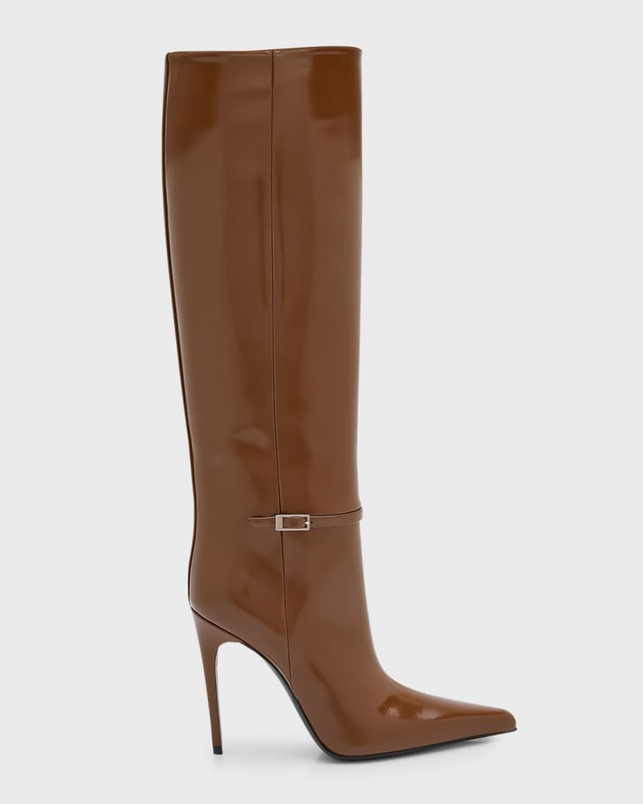 Saint Laurent Vendome Leather Buckle Stiletto Knee Boots | Neiman Marcus