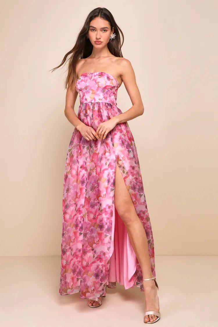 Wonderful Waltz Pink Floral Print Strapless Bustier Maxi Dress | Lulus