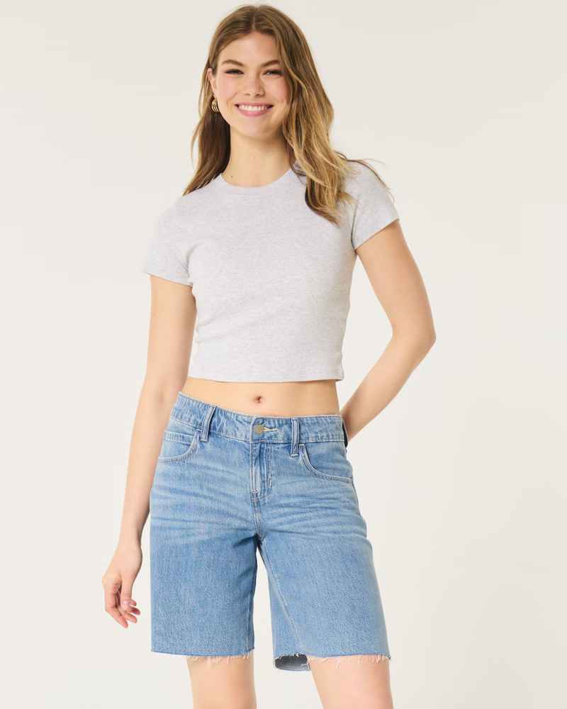 Low-Rise Longer Length Baggy Denim Shorts | Hollister (UK)