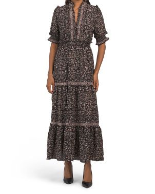 Crepe Smocked Short Sleeve Tiered Maxi Dress | TJ Maxx