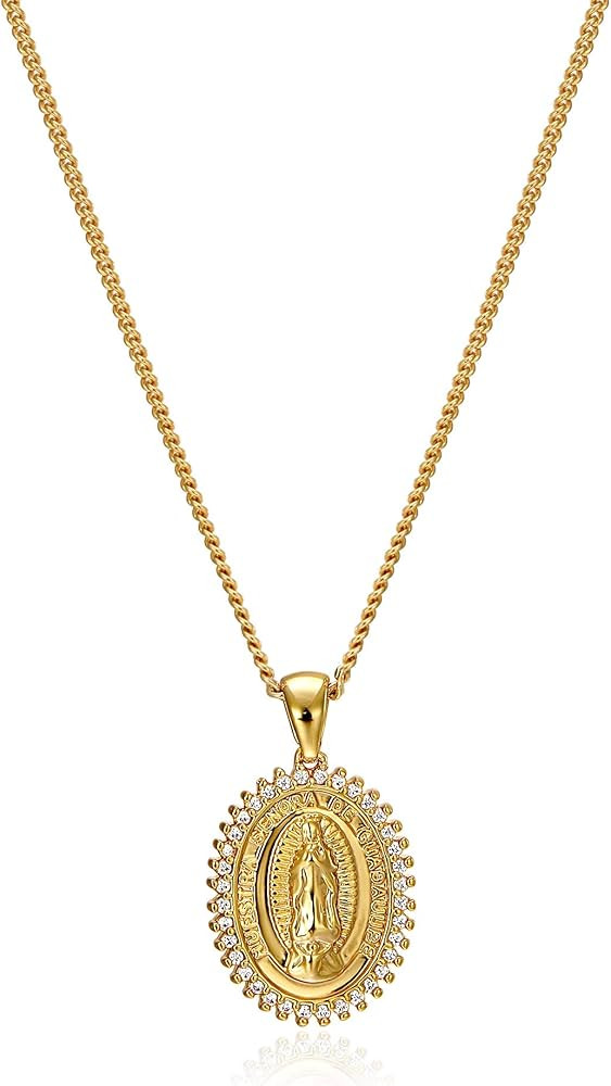 Virgin Mary Necklace Gold Plated Paperclip Chain Christian Jewelry Rhinestone Miraculous Medal Pendant Gold Necklaces for Women Mothers Day | Amazon (US)