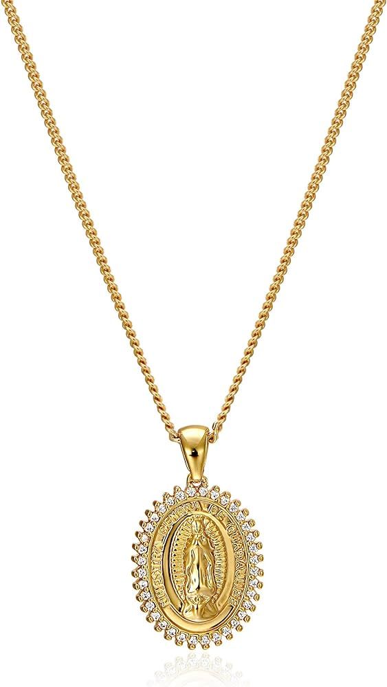 Virgin Mary Necklace Gold Plated Paperclip Chain Christian Jewelry Rhinestone Miraculous Medal Pendant Gold Necklaces for Women Mothers Day | Amazon (US)