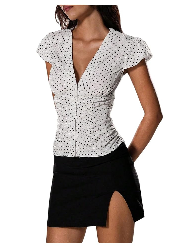 Floerns Women's Polka Dots Puff Sleeve Blouse Top V Neck Retro Button Down Shirts | Amazon (US)