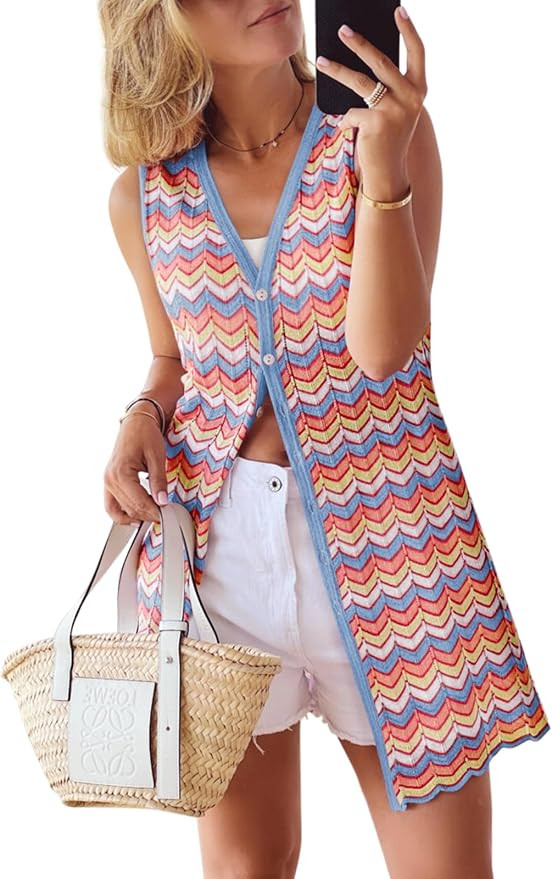 Women's Swimwear Cover Ups V Neck Button Down Sweater Vest Fashion 2025 Sleeveless Striped Cardig... | Amazon (US)