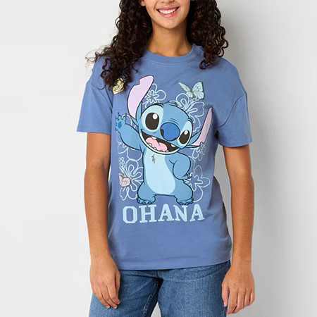 Juniors Stitch Ohana Boyfriend Womens Crew Neck Short Sleeve Stitch Graphic T-Shirt, X-small, Blue | JCPenney