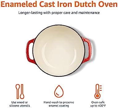 Amazon Basics Enameled Cast Iron Covered Dutch Oven, 6-Quart, Red | Amazon (US)